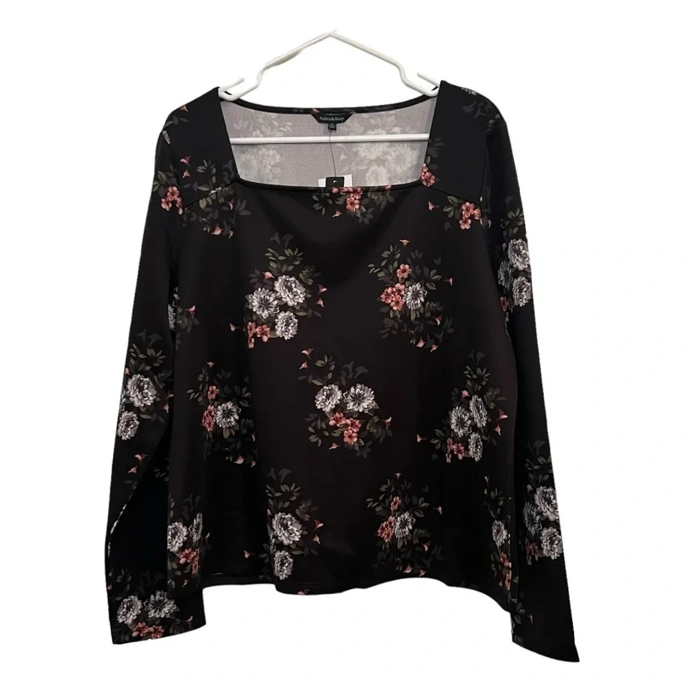 Violets & Roses Women's Square Neck Long Sleeve Floral Top Black Size XL NWT - Picture 1 of 10